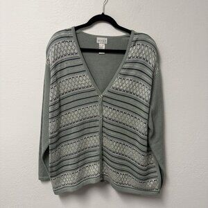 KORET SWEATER CARDIGAN BUTTON UP V-NECK SAGE WOMENS XL CROCHET KNIT COTTAGECORE